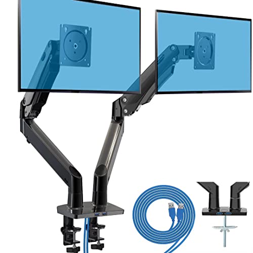 HUANUO Dual Monitor Stand - for Two 13 to 35 inch Screens Monitor Desk Mount Double Gas Spring Arm, Height Long Adjustable VESA Mount with Clamp, Grommet Base, Each Arm Hold up to 26.4LBS