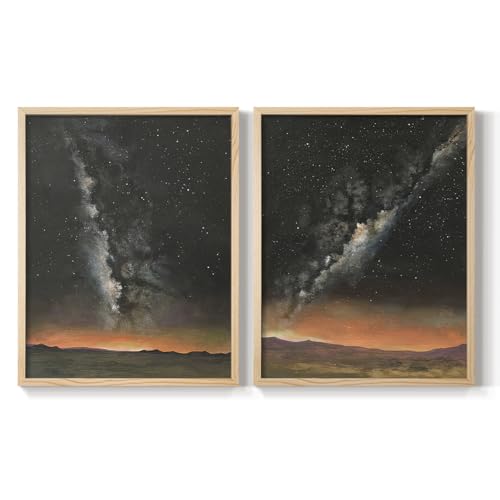 Renditions Gallery Set of 2 Peel & Stick Framed Prints, Abstract Wall Art, Starry Milky Way Exposure Landscape Wall Decor, Re-Stickable - Ready to Hang - 22"x28" - Natural Frame LT585
