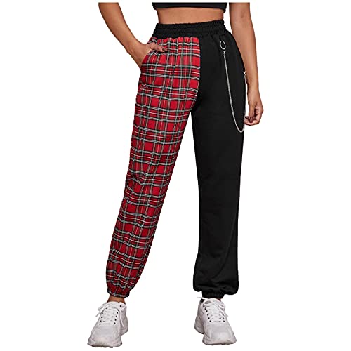 Women Baggy Y2k Straight Leg Cargo Pants Punk Pockets High Waist Chain Casual Plaid Trousers Pants