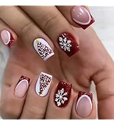 French Tip Press on Nails Short Square, Red Fake Nails with Santa Hat Snowflake Designs Red Frenc...