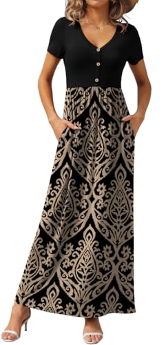 Image of GRECERELLE Womens Summer Long Maxi Dresses 2026 Short Sleeve V Neck Casual Button Dress with Pockets