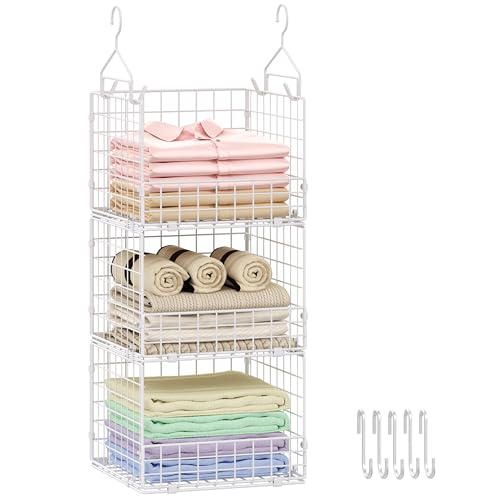 Sonyabecca 3-Tier Hanging Closet Organizer with 5 S Hooks, Closet Shelves for Clothes, Shoes, Handbags, Accessories, Hanging Basket, Closet Storage, Closet System, Closet Organizers and Storage