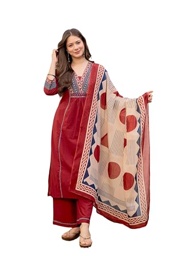 Image of MEERA FAB Women Floral Printed Pure Cotton Straignt V-Neck Kurta with Trousers & Dupatta