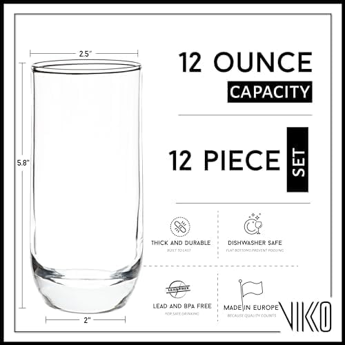 Miniatura 2 de Vikko Vasos para beber, juego de 12 vasos de 12 onzas, vasos de vidrio transparente para agua o jugo, vaso de vidrio Highball y vasos de agua para