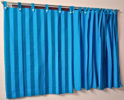Image of 5 Feet Cotton Striped & Solid Light Filtering Button Type Tab Top Loop Window Semi Sheer Curtain, Blue Multi, Pack Of 3