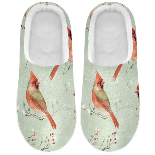 JUNZAN Aesthetic Northern Red Birds Sage Green Women Cotton Slippers Non Skid Memory Foam Bedroom Shoes for Outdoor Christmas Presents 6-7