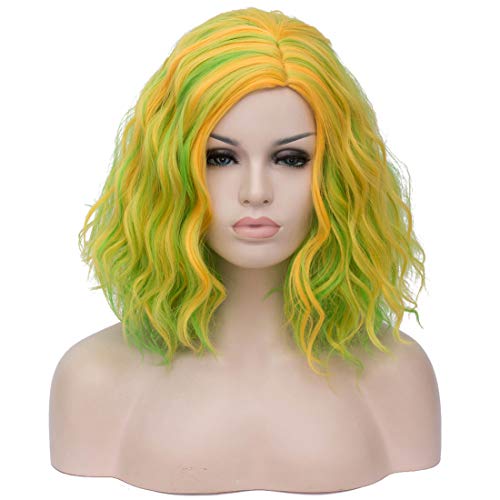 Cying Lin Short Bob Wavy Curly Wig Green Mixed Yellow Wig For Women Cosplay Halloween Wigs Heat Resistant Bob Party Wig+Wig Cap (Green Mixed Yellow)