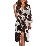 Biyejit Cow Hide Print Women Kimono Robes V Neck Long Bathrobe Lightweight Soft Bride Robe Nightwear Maternity Robe Birthing Gown Plus Size
