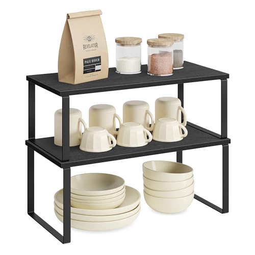 SONGMICS Gewürzregal, 4er Set, Küchenregal, Küchen-Organizer, erweiterbar, Gewürzhalter, stapelbar, mit Metallrahmen, 19,5 x 39,7 x 15,8 cm, tintenschwarz-ebenholzschwarz KCS028B01