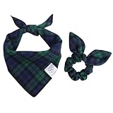 E-Clover Dog Bandanas & Matching Scrunchie Set Plaid Dog Scarf Kerchief for Medium Large Dog Boy Pet