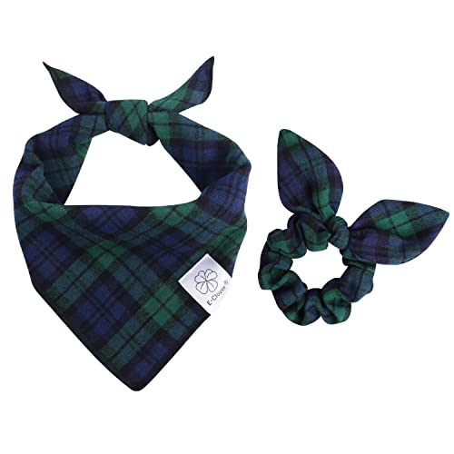 E-Clover Dog Bandanas & Matching Scrunchie Set Plaid Dog Scarf Kerchief For Medium Large Dog Boy Pet Bandana Bibs With Hair Tie Owner Gifts Blue Green #TOP14