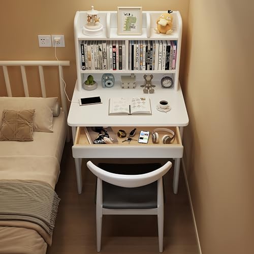 FUKEFUZ Massivholz Schreibtisch mit Regalaufsatz – Kompakter Computertisch aus Kautschukholz mit Schublade – Platzsparender Arbeitstisch für Kinderzimmer & Home Office(Weiß,S2-C2,23.6in)