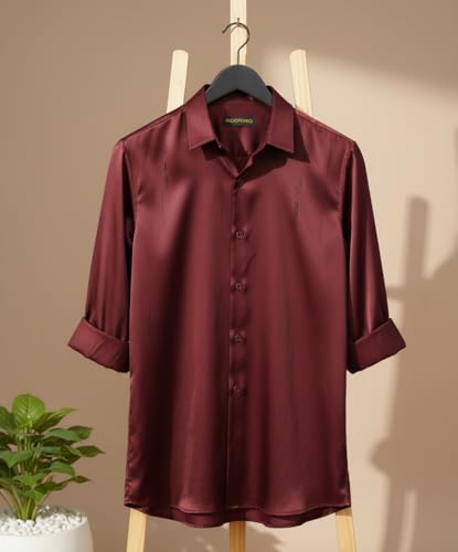 Image of IndoPrimo Men's Regular Fit Satin Designer Shirt with Stylish Vertical Line Sequence | Long Sleeve Formal & Casual Button Down Shirt for Casual and Party Look