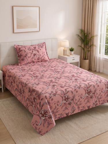 Image of Mafatlal 130 GSM Pearl Single Bed Sheet with 1 Matching Pillow Cover | 60 x 90 Inch | Silky Soft Touch Finish | Wrinkle Resistant, Durable, Machine Washable, Everyday Comfort | Dusty Rose