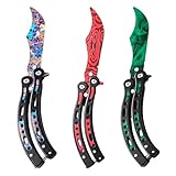LEKEFETO 3 Stück Butterfly Trainer: Biegen Butterfly Messer zum Üben Ungeschärfte Klinge, Faltbarer Butterfly Kamm Edelstahl Trainings, AnfäNger-Der Flipping Tricks üBt (Grün + Rot + Farbe)