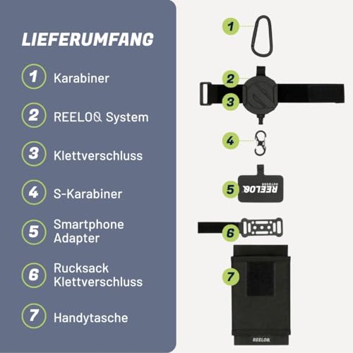 REELOQ PRO Handysicherung, inkl. Rucksack-Handytasche, einziehbares Sicherungsseil mit Original FLEXLOCK®, Rucksack Handyhalterung fürs Wandern/Klettern (360° Version)