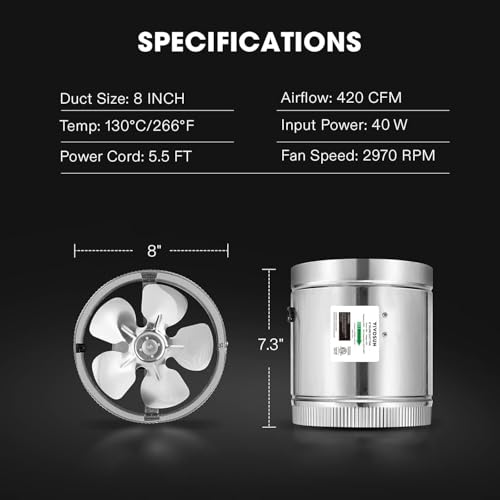 Image of VIVOSUN 8 inch Metal Inline Fan 420 CFM, Exhaust Fan for Home Ventilation
