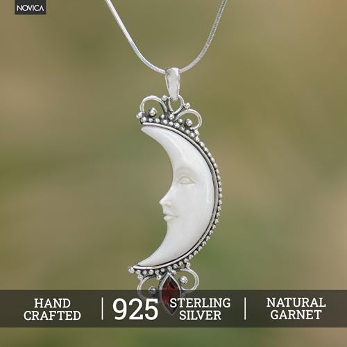NOVICA Handmade Garnet Crescent Moon .925 Sterling Silver Artisan Bone Pendant Necklace for Women4
