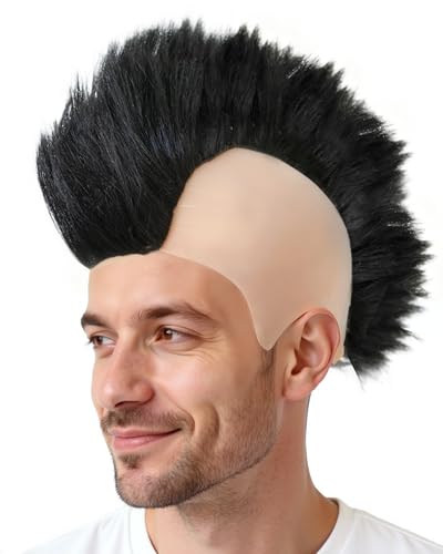 ESUNO Hair Cap+Black Mohawk Wig for Men Straight Spiky Wig