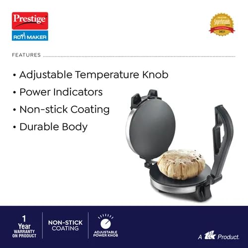 Image of Prestige PRM 3.0 900-Watt Plain Plate Roti Maker (Silver) | Non-Stick Coating, 1 Year Warranty, Stainless Steel body,