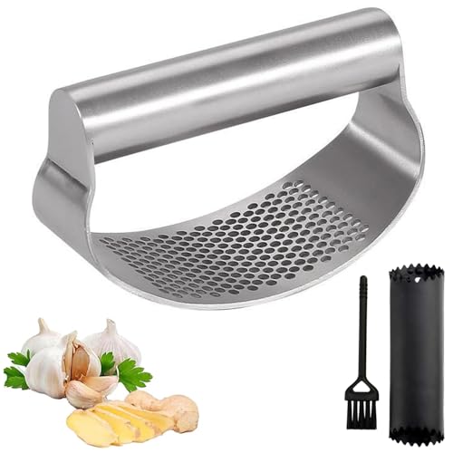 Knoblauchpresse Edelstahl Knoblauchpresse Wippe Küchenhelfer Garlic Press mit praktischem Reinigungsbürstchen und Silikon Knoblauchschäler Set