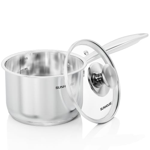Image of Sunhouse: Stainless Steel Saucepan - Advanced: 1.5 Quart - Tempered Glass Lid, 18 /10, 3-Ply Bottom, Round-Edge Pot, All Cooktops, Oven-Dishwasher Safe