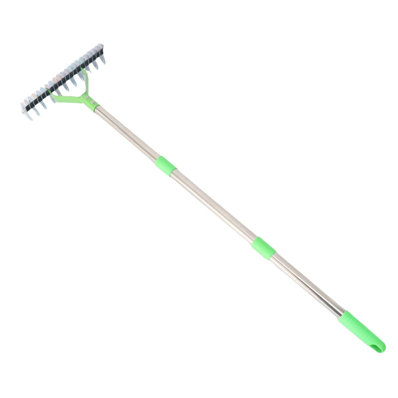 Rengue Rastrillo de Paja, Rastrillo de Césped, de Paja de 3 Secciones de Acero Inoxidable con Púas Curvas y Ergonómico para Techar, Fertilizar, Resiembra, Labrar
