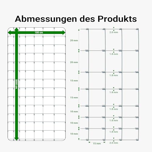 Wiltec Wildzaun 100/08/15 50 m lang, 100 cm hoch, 8 Drahtreihen, 15 cm Maschenbreite, Weidezaun aus Knotengeflecht, Drahtzaun z. B. für Forst- und Landwirtschaft