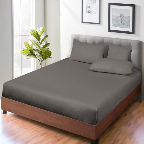 Image of ROYALE LINENS 300 Thread Count 100% Long Staple Combed Cotton Fitted Sheet Queen - Super Soft Deep Pocket Bottom Sheet - Fitted Sheets Only - Elastic Sheets (Queen, Grey)