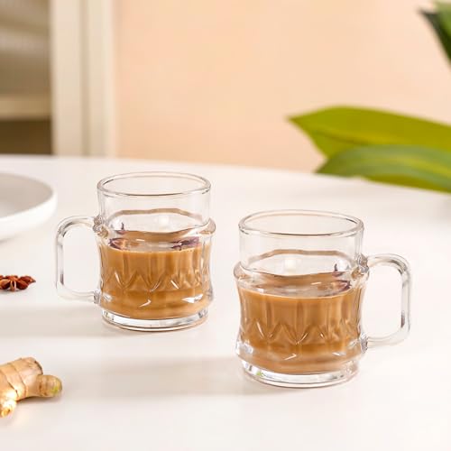 Image of Nestasia Transparent Glass Tea Cups Set of 6 (165ml Each) - Dishwasher Safe & 100% Food Safe Coffee Cups with Handle for Coffee, Tea, Hot & Cold Beverages | Vintage Cut Texture Design