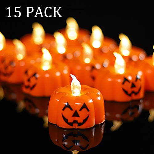 Vela Candelita de Calabaza LED sin llama: Paquete de 15 luces de velas naranjas parpadeantes que funcionan con baterías falsas. Mini plástico brillante. Pequeño realista para Halloween, Decoración