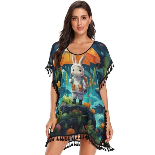 Cute Astronaut Rabbit Women's Beach Cover Up Chiffon Tassel Swimwear Swimsuit Coverups for Girl