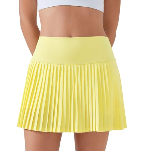 altiland Womens' Cool Feeling Pleated Tennis Athletic Running Mini Skirts with Shorts 3" (Beam Yellow, M)
