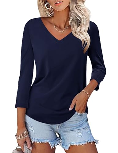 KTILG Women's V Neck T Shirts 3/4 Sleeve Blouse Summer Tops Dressy Casual Solid Basic Tees