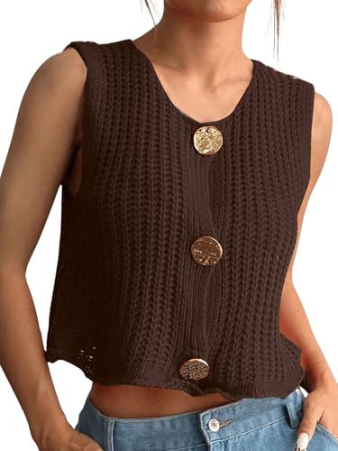 Verdusa Women's Button Front Crochet Sweater Vest Round Neck Sleeveless Cropped Knit Cardigan
