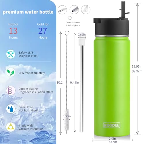Image of koodee 22 oz Water Bottle Stainless Steel Double Wall Vacuum Insulated Sports Water Bottle with 3 Lids, Reusable Metal Water Flask with Straw for women and Girls, BPA Free(Apple Green)