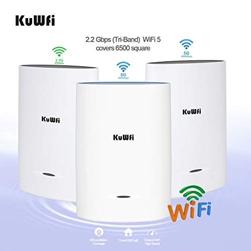 KuWFi-3-Pack-Tri-Band-Whole-Home-Mesh-WiFi-System-with-AC2200-Speed-Gigabit-Mesh-WiFi-5-Router-Extender-Replacement-Covers-up-to-6500-sqft-Tri-Band-WiFi-Mesh-2-Node 41W4V+E45yL