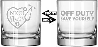 MIP Rocks Whiskey Old Fashioned Glass 2 Sided Heart Stethoscope NICU Nurse Neonatal Off Duty Save Yourself