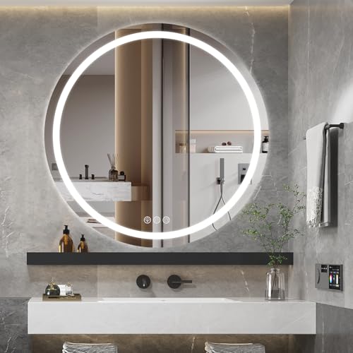 Ratsamee LED Bathroom Wall Mirror with LED Lights - 800mm Round Anti-Fog Vanity Mirror, 3-Color Dimmable Frontlit Illumination for Makeup, Wall Mounted Bathroom Lighting