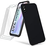 HYMY Tasche für Redmi 9AT Hülle (6.53 Zoll) + 3Pcs Glass für Redmi 9AT Schutzfolie - Schwarz Schutzhülle TPU Handytasche Displayschutzfolie Glas-Black