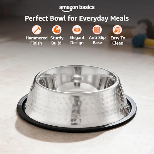 Image of Amazon Basics Stainless Steel Pet Feeding Bowls for Dog & Cats | Anti Slip Base | Hammering in SS Shiny - 900 ml