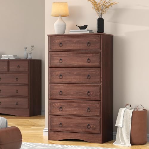 VVFLU Cherry Wood Dresser 52 Tall for Bedroom, Wood 6 Chest Drawers, 6 Drawer Dresser, Storage for Clothes, Narrow Large Drawers, Vintage, for Living Room, Bedroom, Hallway