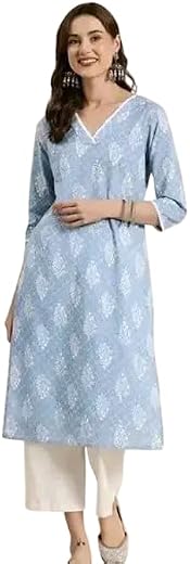 Women's Cotton Kurta Light Blue Floral Print, V-Neck, 3/4 Sleeves, A-Line