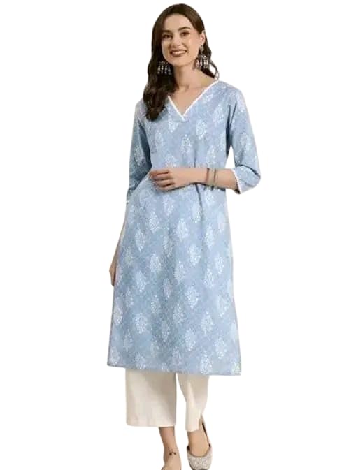 Women's Cotton Kurta Light Blue Floral Print, V-Neck, 3/4 Sleeves, A-Line - Review, Price and Buying Guide