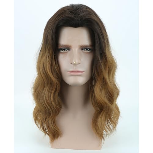 MAGQOO Brown Wigs for Men Long Curly Wavy Brown Wig Dark Roots Two Tones Synthetic Heat Resistant Cosplay Costume Halloween Party