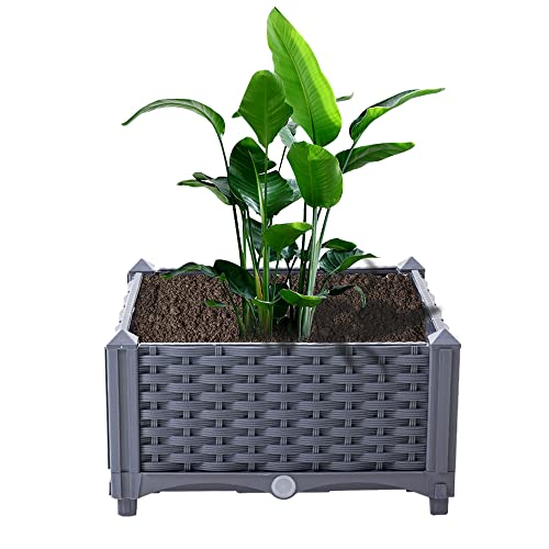 Mingone Jardinière de Jardin Bac à Fleurs en Rotin Pot de Fleurs d’extérieur Carré Potager Pot Plante avec Trou de Drainage pour Jardin Balcon Terrasse (40 x 40 x 23cm, Gris)
