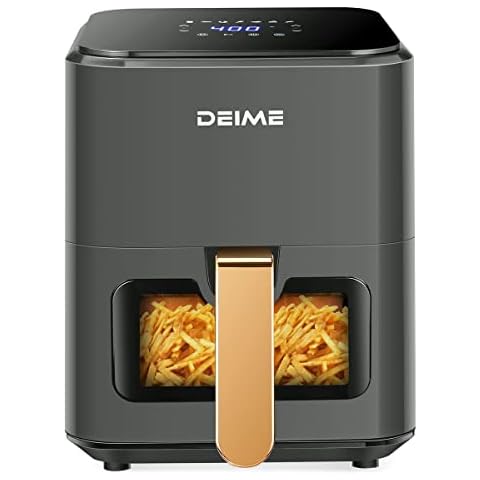 DEIME Air Fryer 4.2 QT Oilless Hot AirFryer 1200W Healthy Cooker Small Oven with 7 Presets, Digital LCD Touch Screen, Visual Cooking Window, Non-Stick Basket, Included Recipe (Gray) Cover