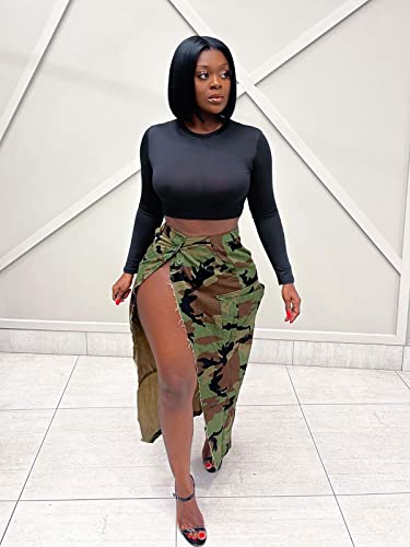 Alunzoem Women Cargo Skirt Camo Casual High Waist Maxi Pencil High Slit Long Skirt With Pockets Camoulage Army Green M #TOP4