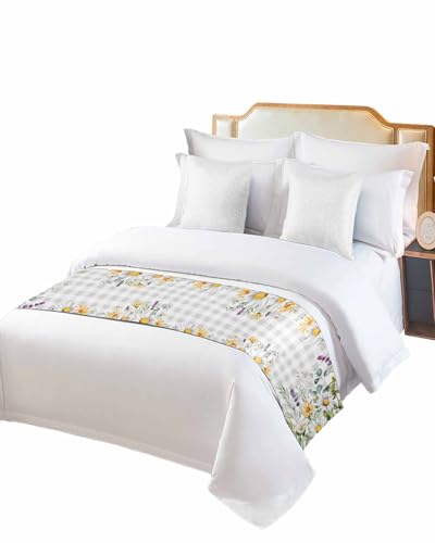 Twin Bed Runner Daisy Watercolor Blossom Floral Bedding Runner Scarves Decorative Bed Scarf, Grey Buffalo Plaid Check Soft Bedding Scarf for Bedroom Hotel Wedding 83x20in