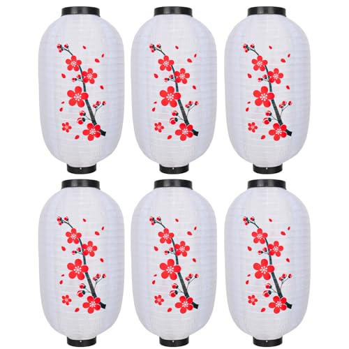 Image of Traditional Japanese Style White Silk Cherry Blossom Lantern 10 x 18 Inch, ZUEXT Set of 6 Waterproof Indoor Outdoor Festival Theme Birthday Party Wedding Home Yard Lanterns Japanese Eateries Decor